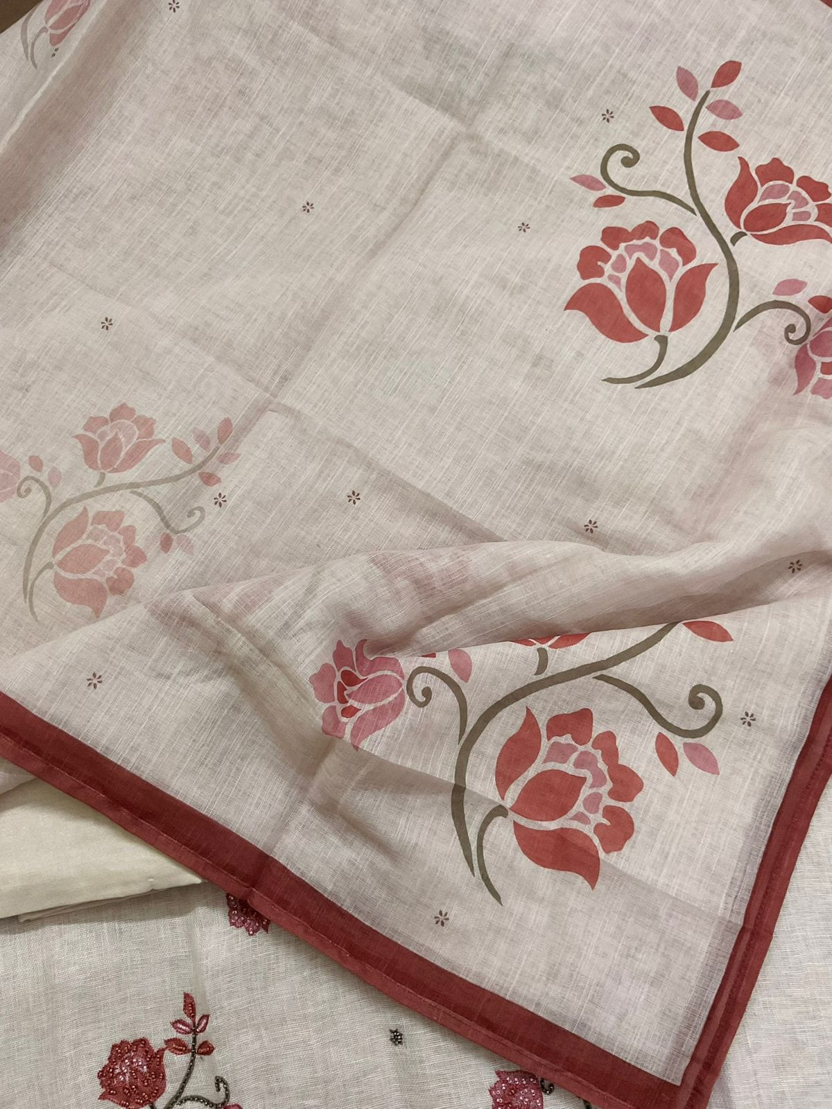 Pure Linen Jute Cotton Printed Embroidered Suit - Peachish Beige