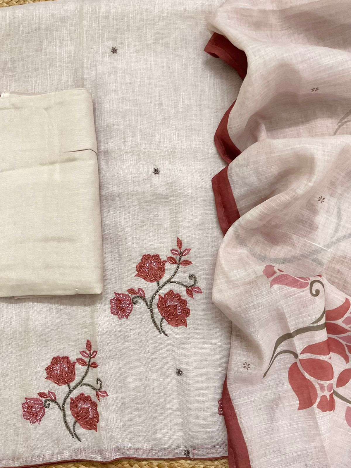 Pure Linen Jute Cotton Printed Embroidered Suit - Peachish Beige