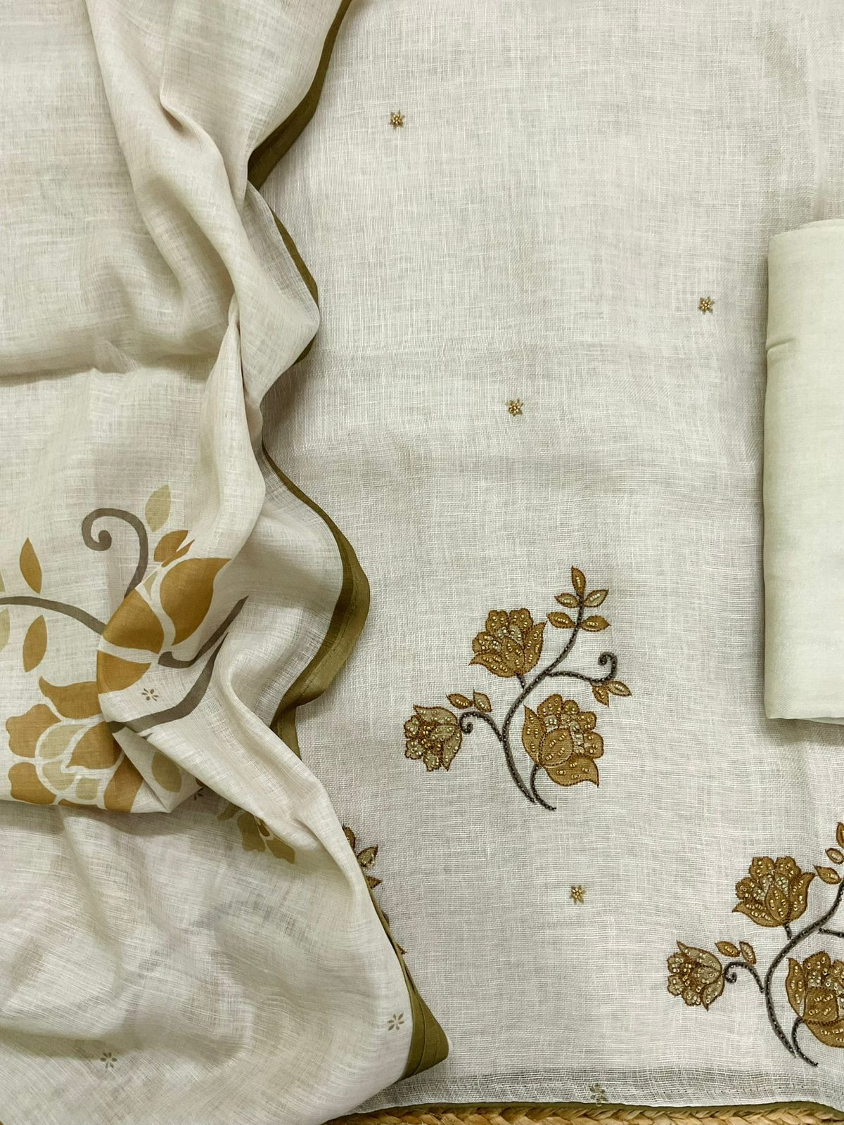 Pure Linen Jute Cotton Printed Embroidered Suit - Green