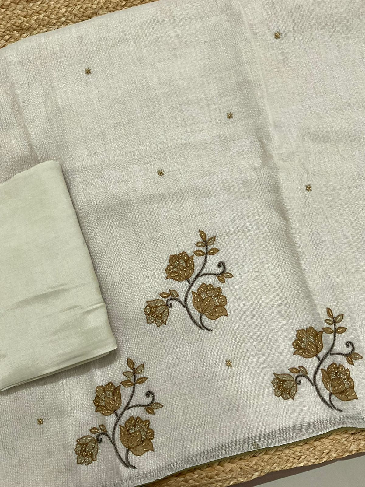 Pure Linen Jute Cotton Printed Embroidered Suit - Green