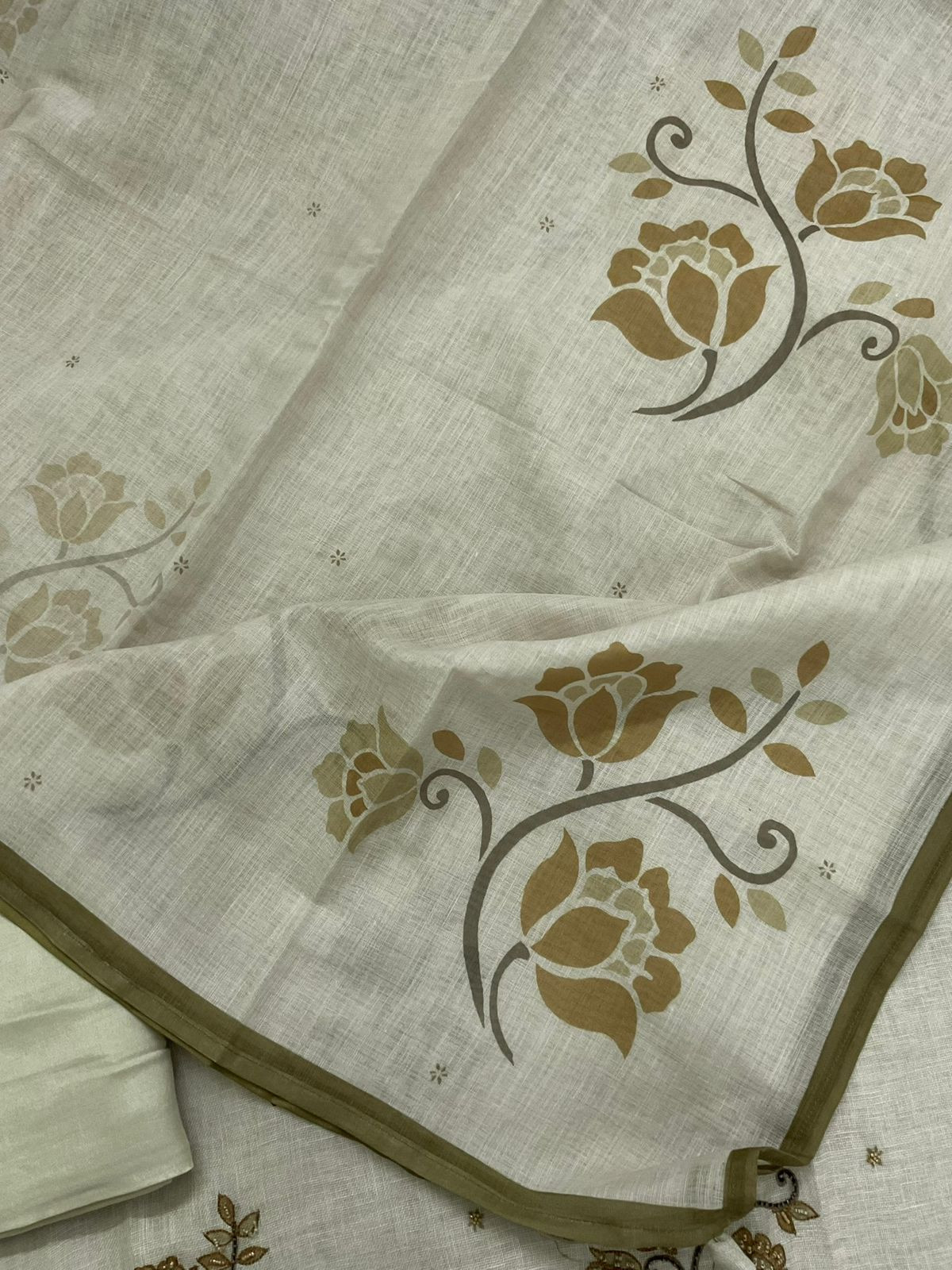 Pure Linen Jute Cotton Printed Embroidered Suit - Green