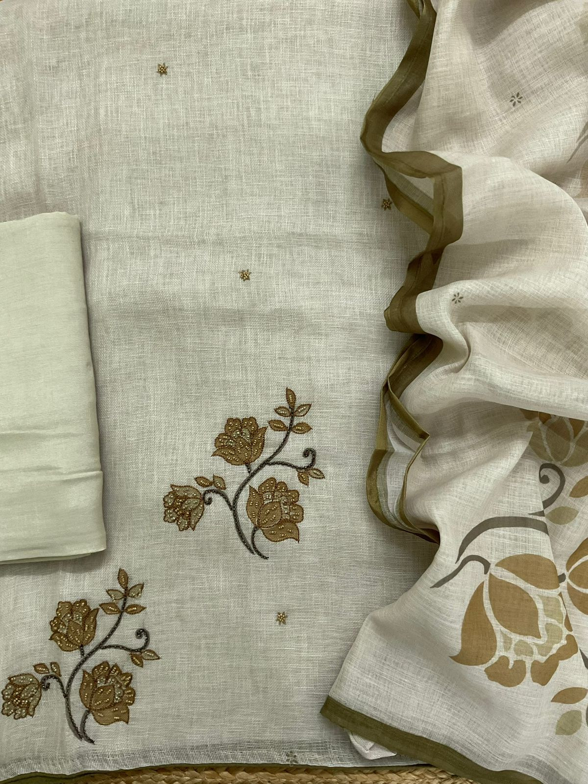 Pure Linen Jute Cotton Printed Embroidered Suit - Green