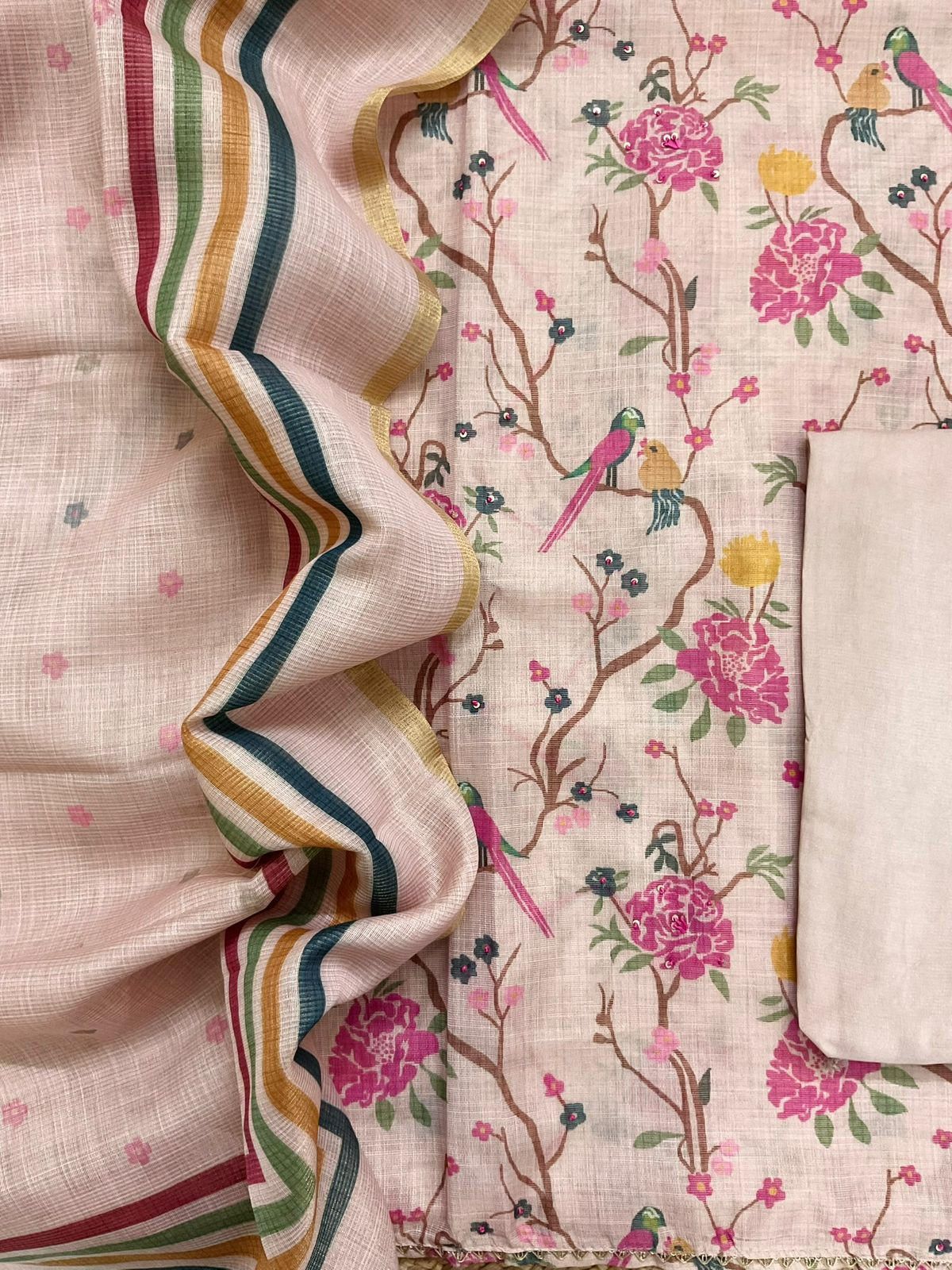 Soft Tissue Slub Cotton Printed Embroidered Suit - Pink