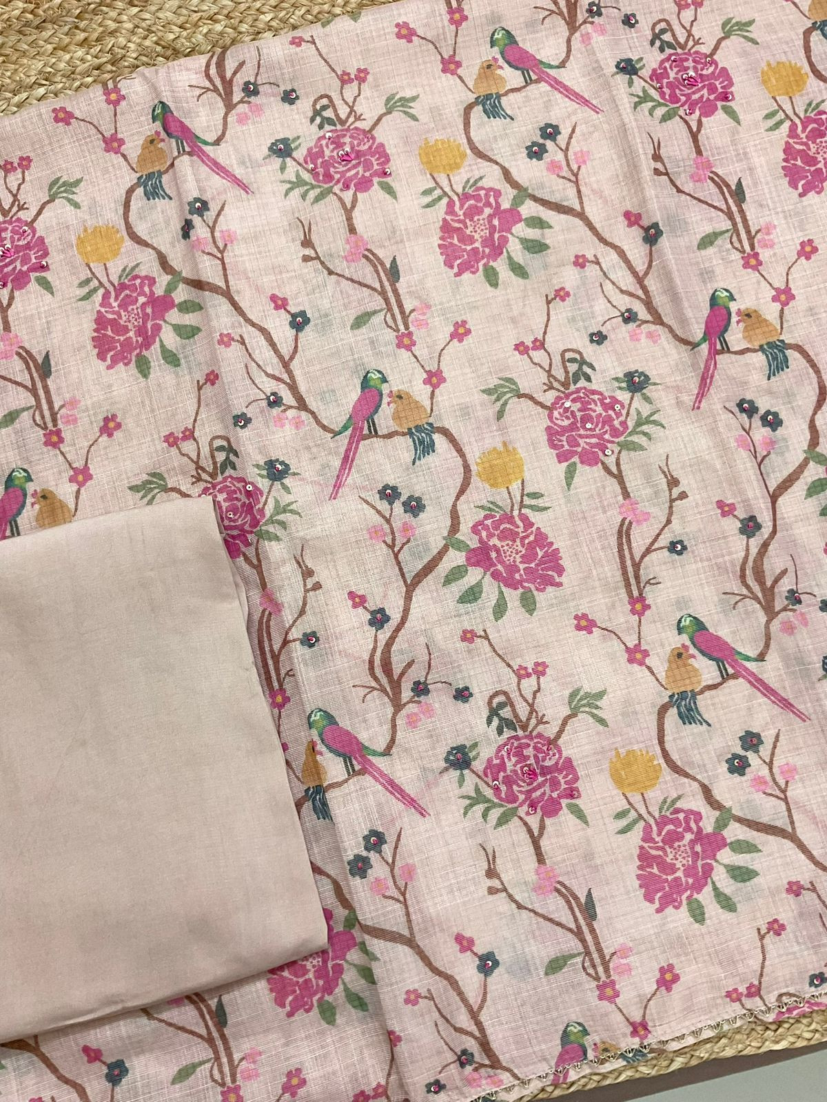 Soft Tissue Slub Cotton Printed Embroidered Suit - Pink