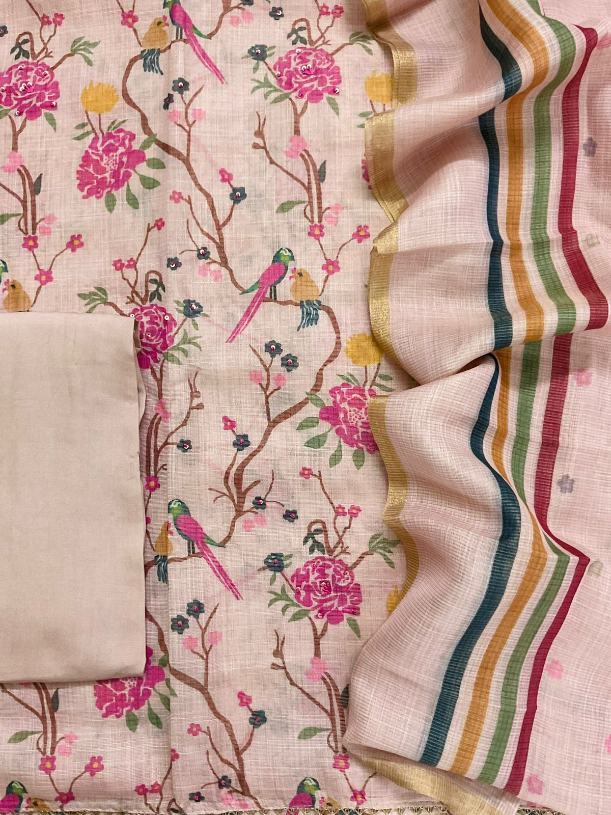 Soft Tissue Slub Cotton Printed Embroidered Suit - Pink
