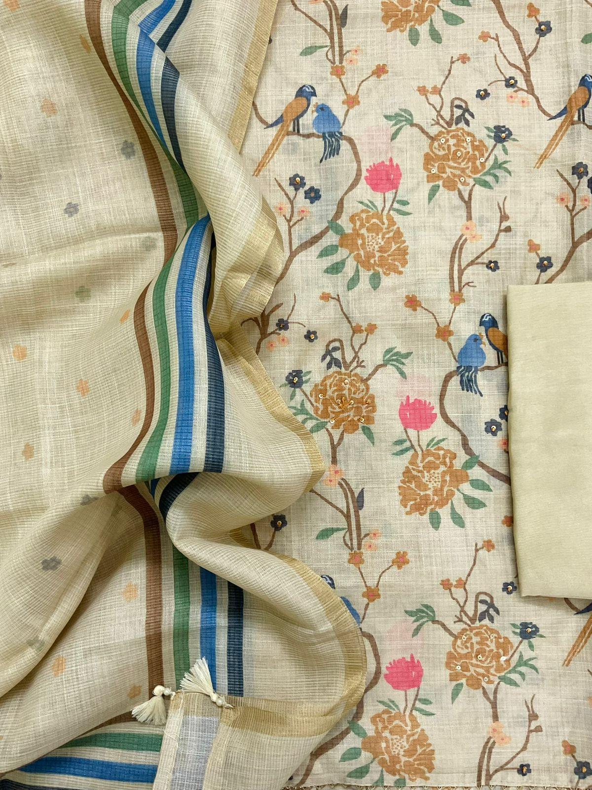 Soft Tissue Slub Cotton Printed Embroidered Suit - Greenish Yellow