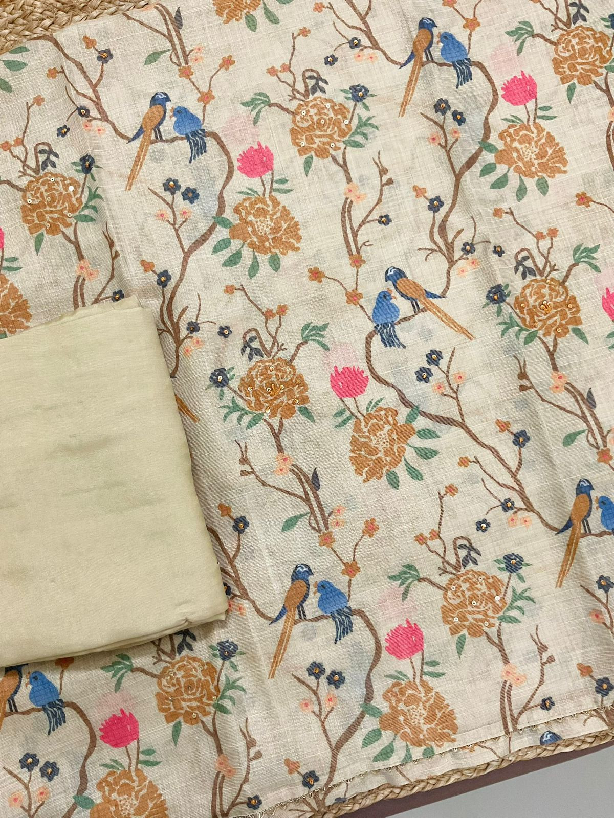 Soft Tissue Slub Cotton Printed Embroidered Suit - Greenish Yellow