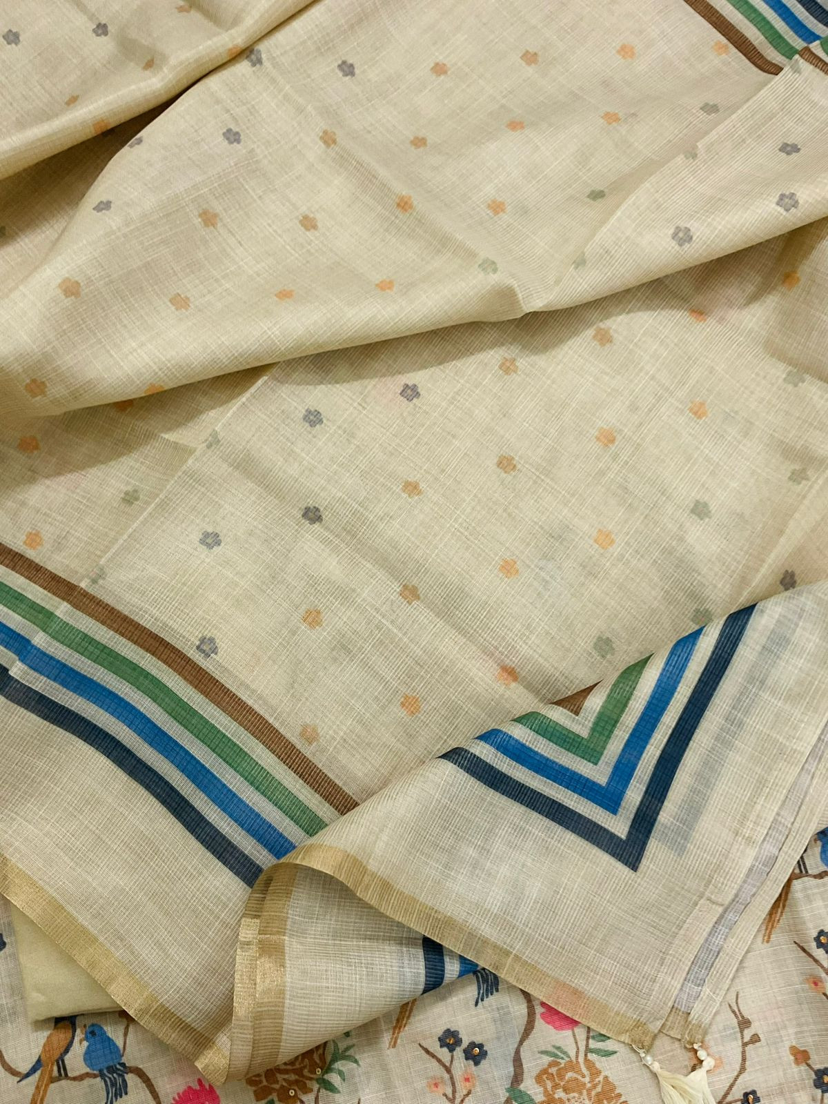 Soft Tissue Slub Cotton Printed Embroidered Suit - Greenish Yellow