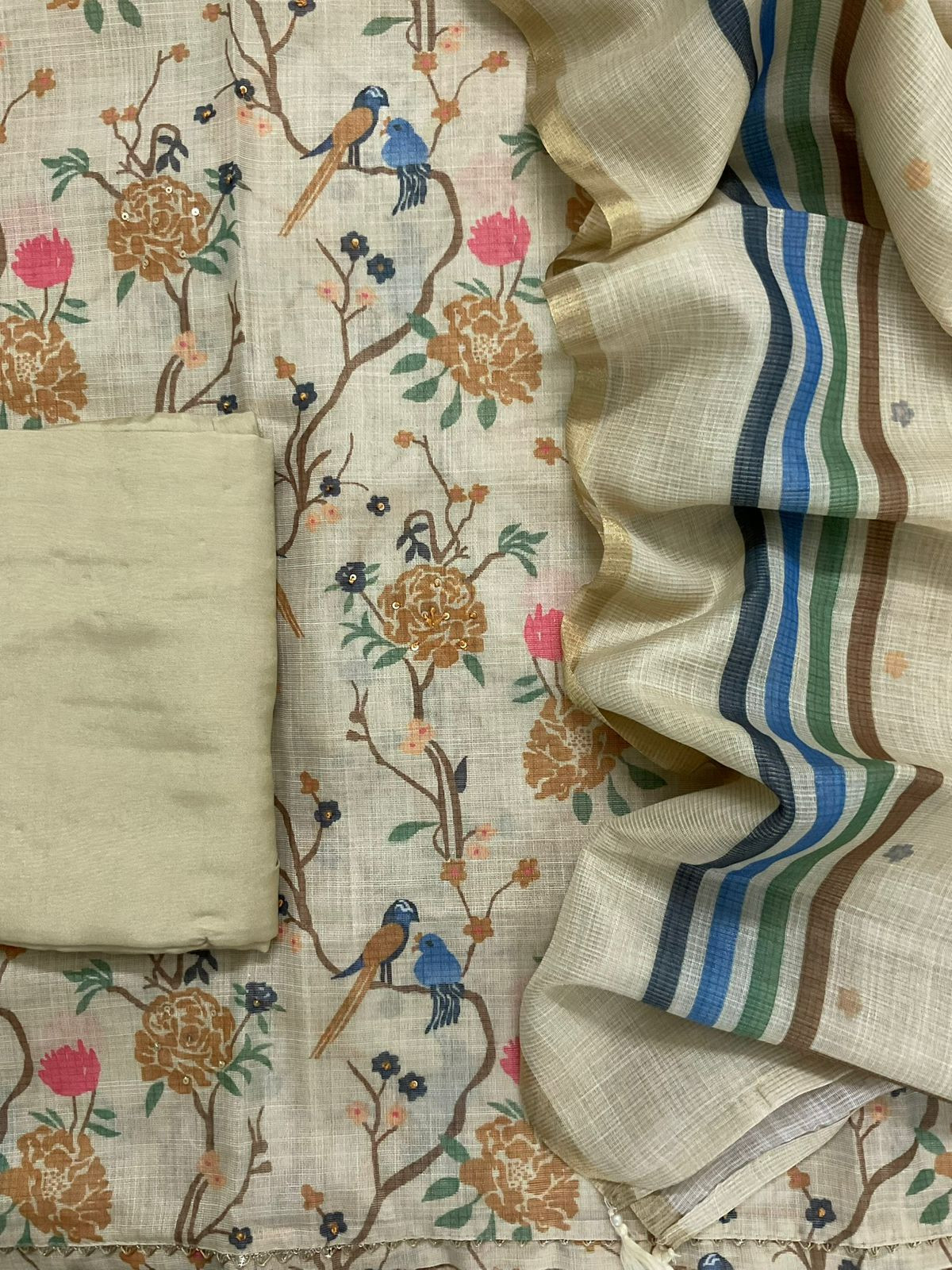 Soft Tissue Slub Cotton Printed Embroidered Suit - Greenish Yellow