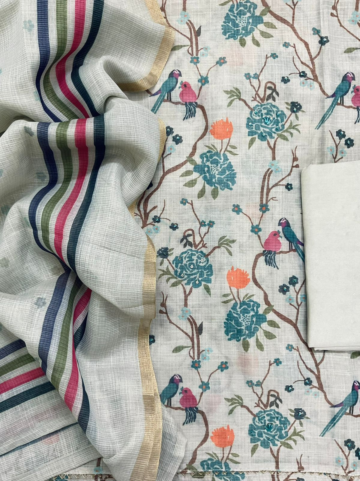 Soft Tissue Slub Cotton Printed Embroidered Suit - Blue