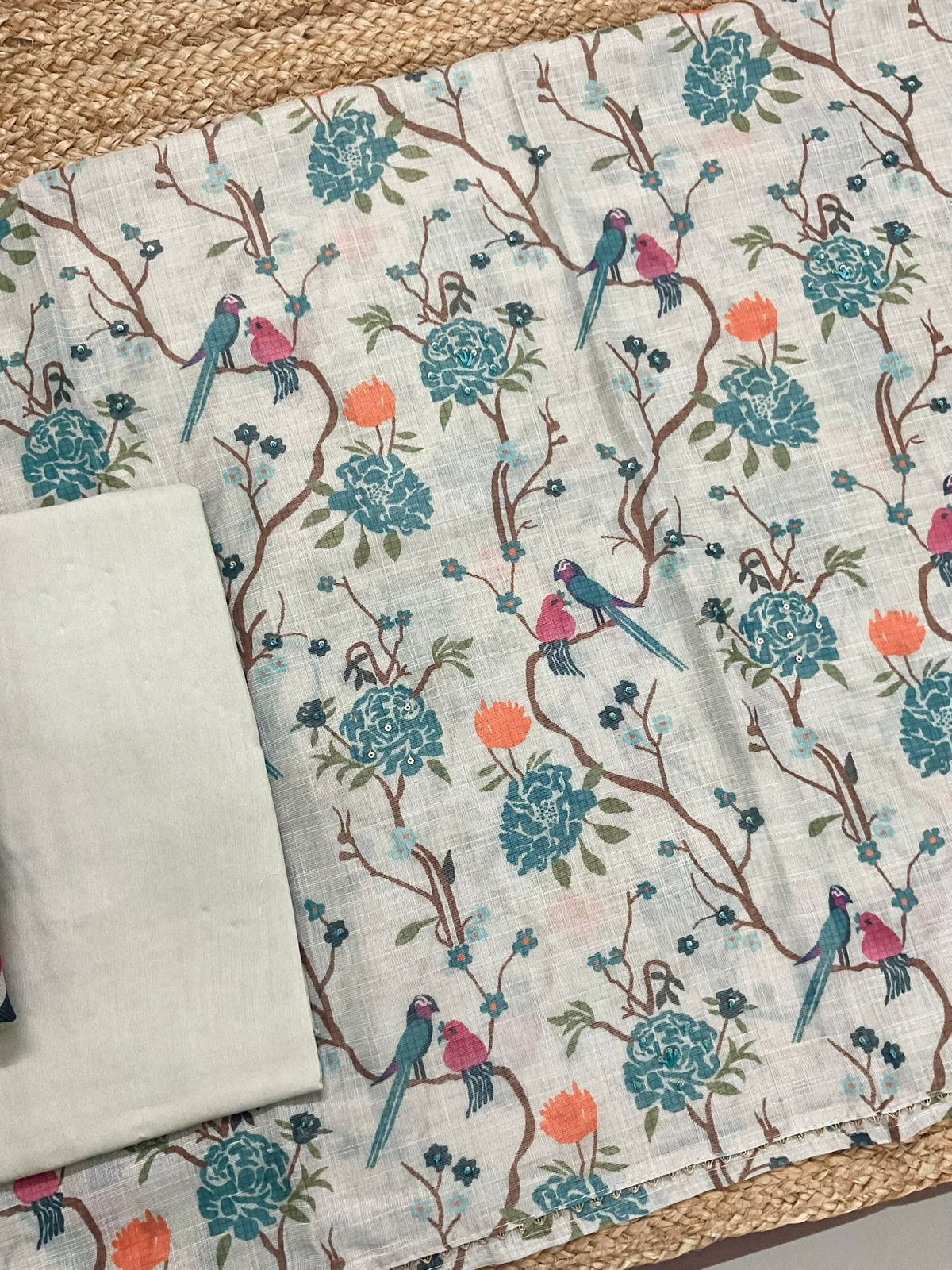 Soft Tissue Slub Cotton Printed Embroidered Suit - Blue