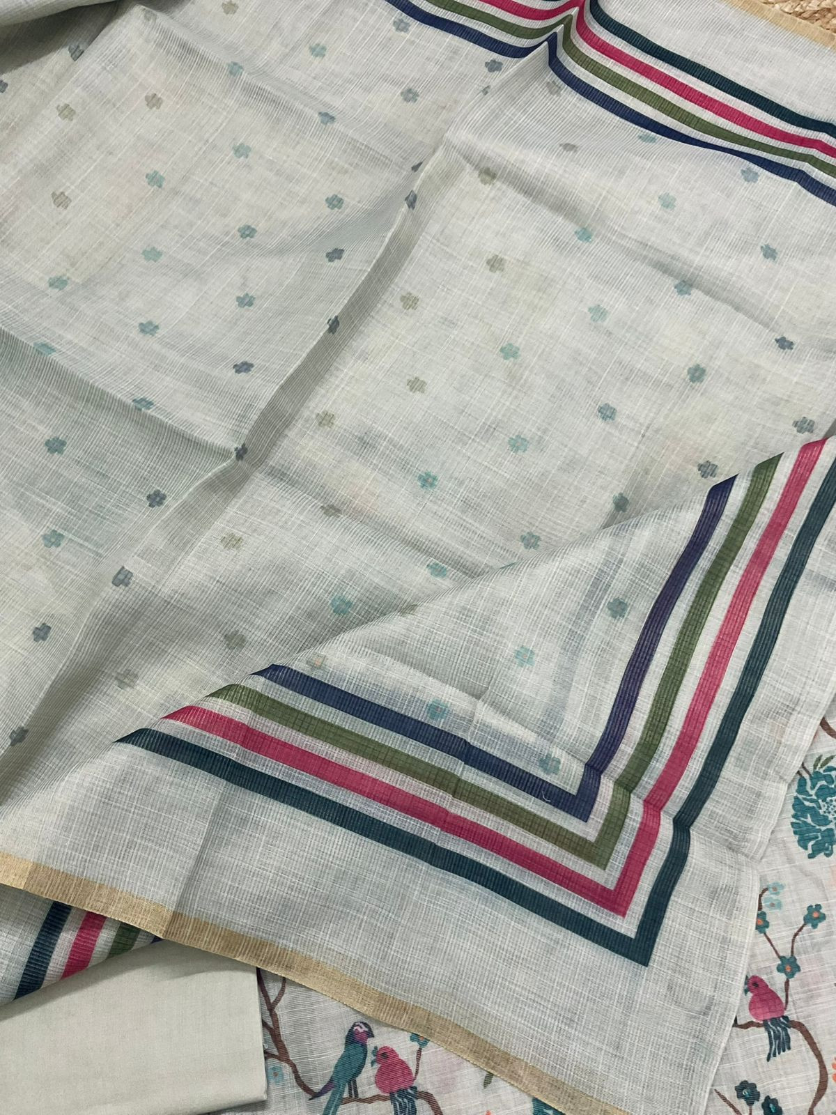 Soft Tissue Slub Cotton Printed Embroidered Suit - Blue