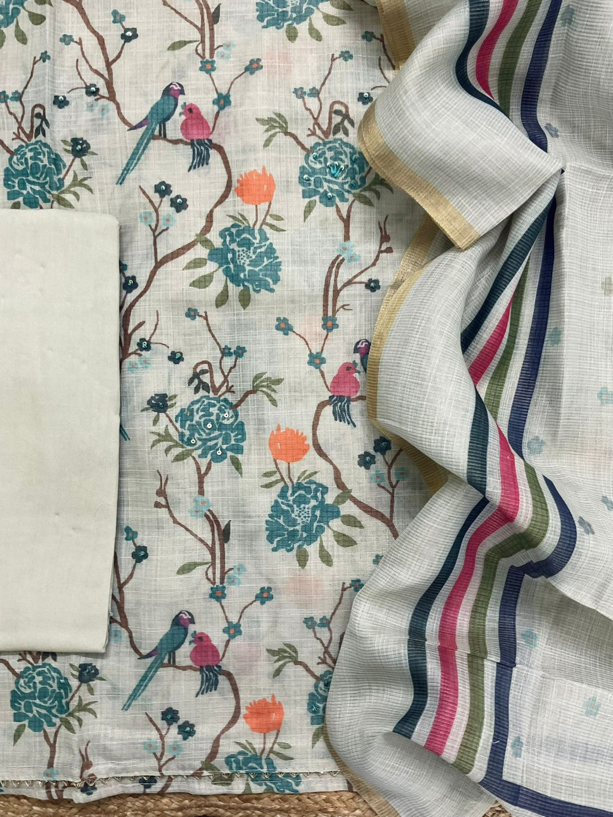 Soft Tissue Slub Cotton Printed Embroidered Suit - Blue