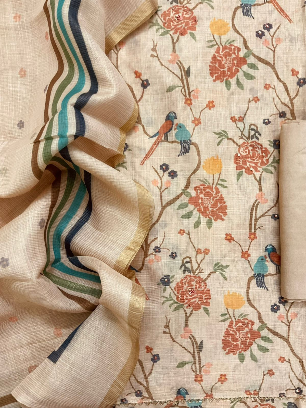 Soft Tissue Slub Cotton Printed Embroidered Suit - Peach