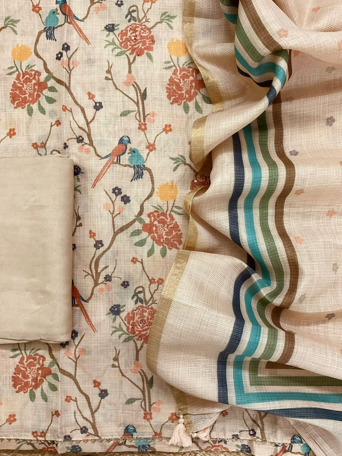 Soft Tissue Slub Cotton Printed Embroidered Suit - Peach