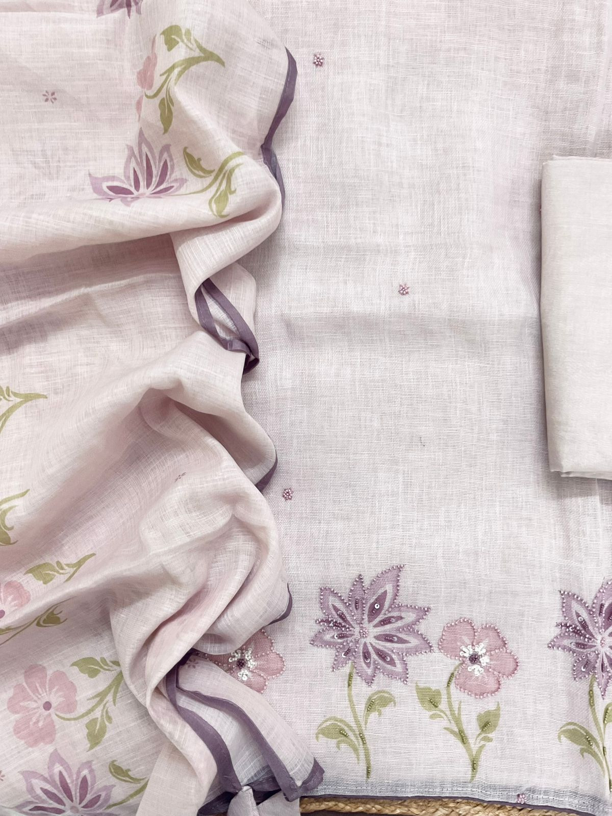 Pure Linen Jute Cotton Printed Embroidered Suit - Lavender