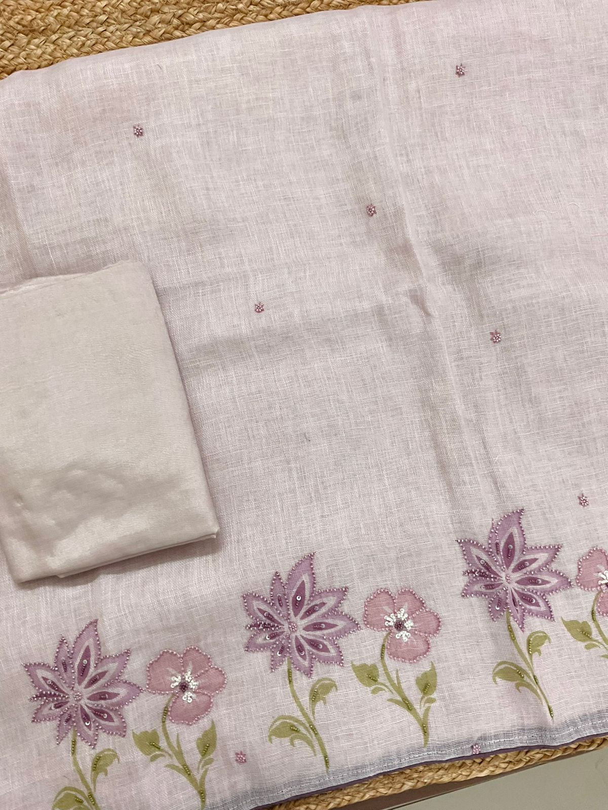 Pure Linen Jute Cotton Printed Embroidered Suit - Lavender