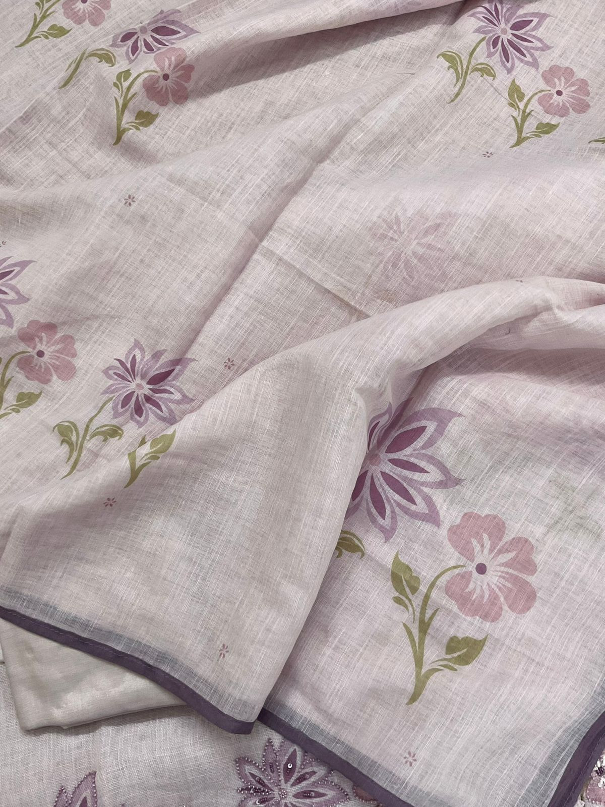 Pure Linen Jute Cotton Printed Embroidered Suit - Lavender