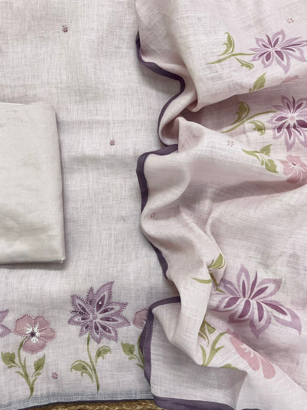 Pure Linen Jute Cotton Printed Embroidered Suit - Lavender