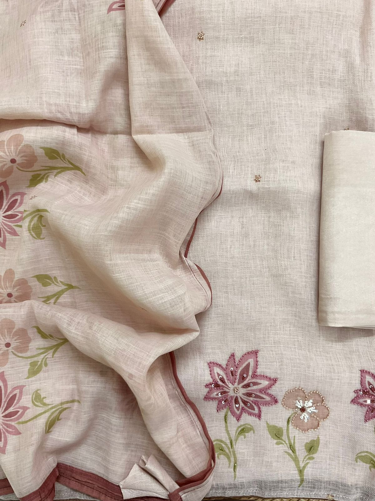 Pure Linen Jute Cotton Printed Embroidered Suit - Peachish Beige