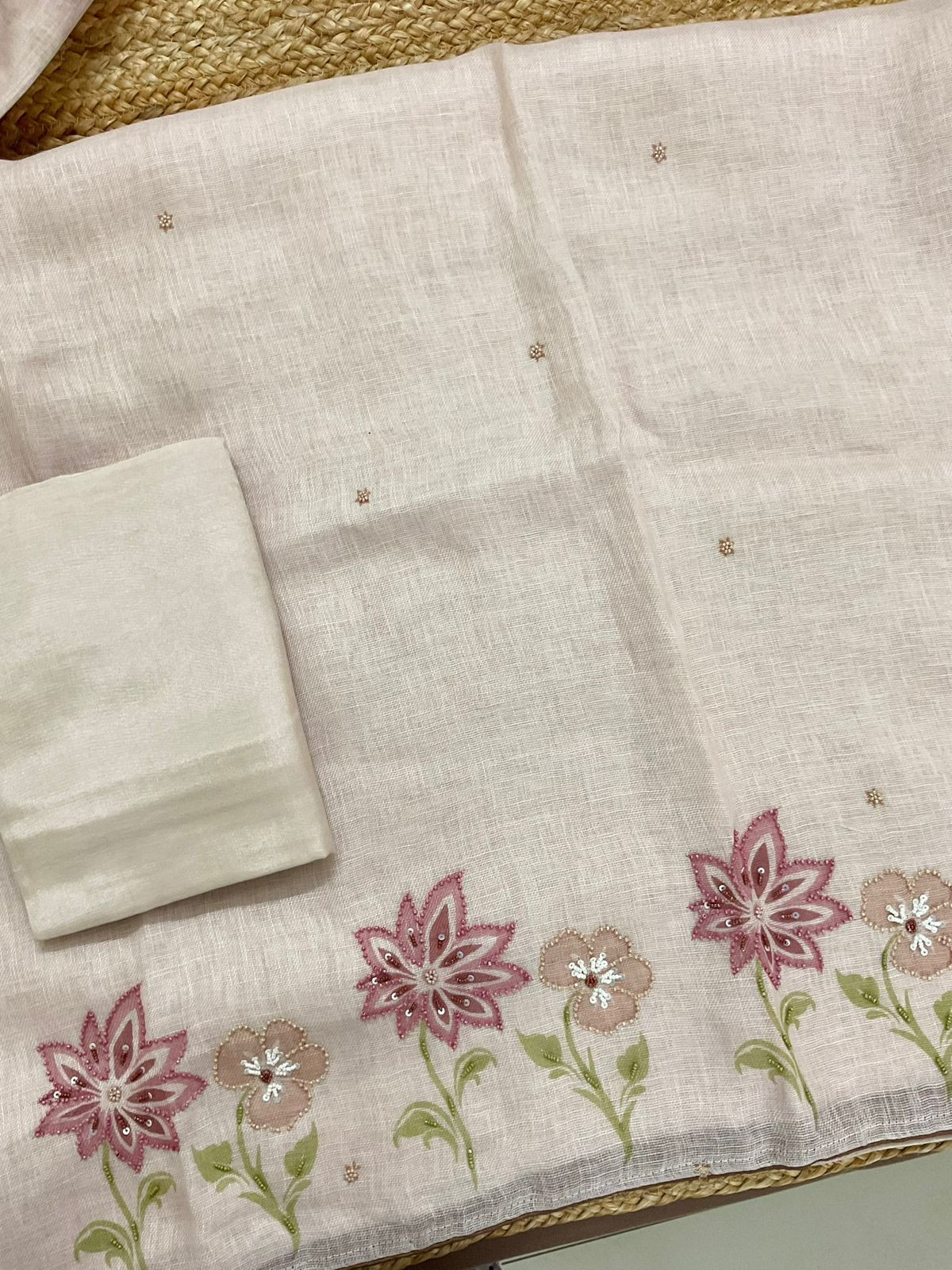 Pure Linen Jute Cotton Printed Embroidered Suit - Peachish Beige