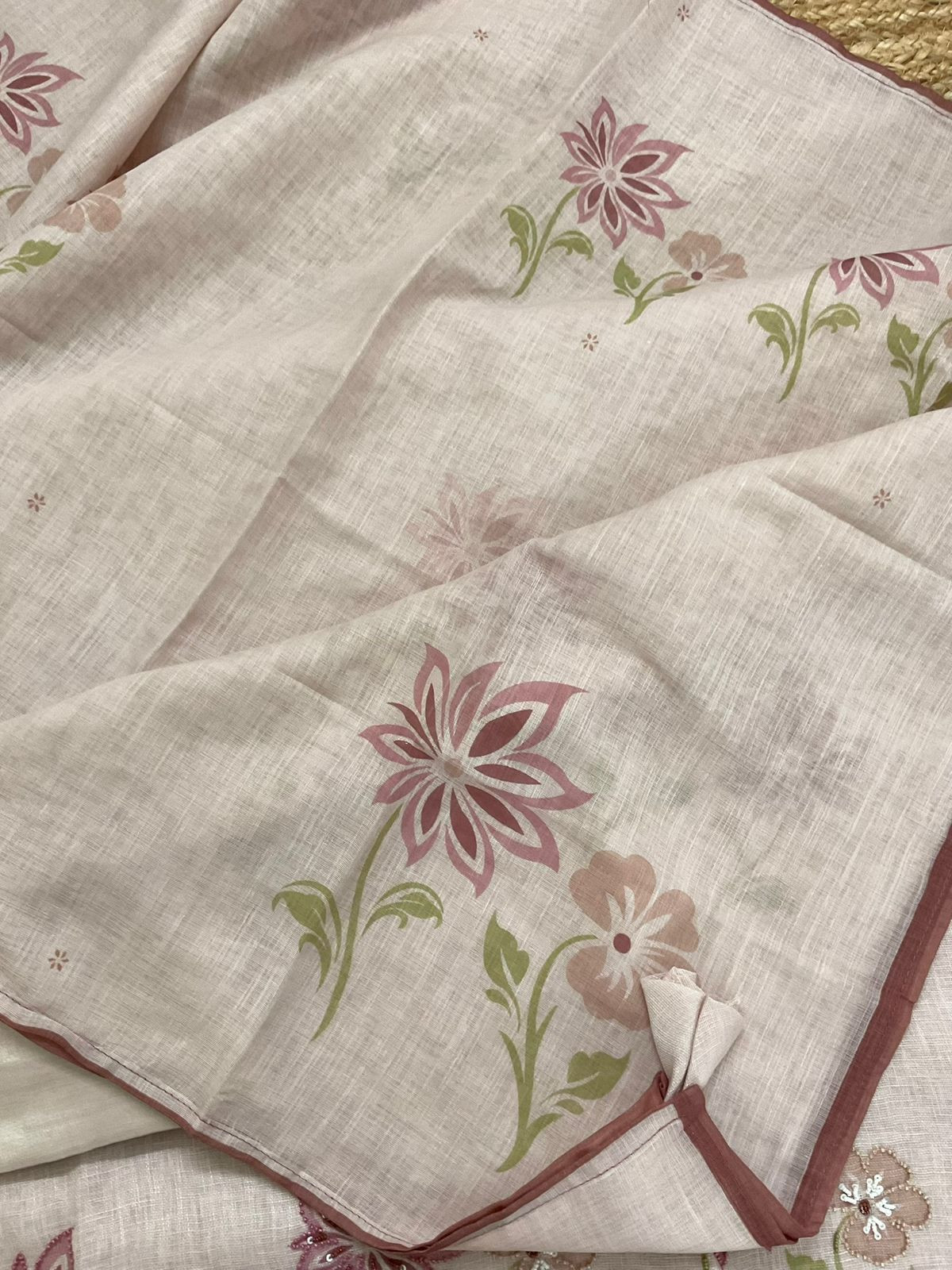 Pure Linen Jute Cotton Printed Embroidered Suit - Peachish Beige