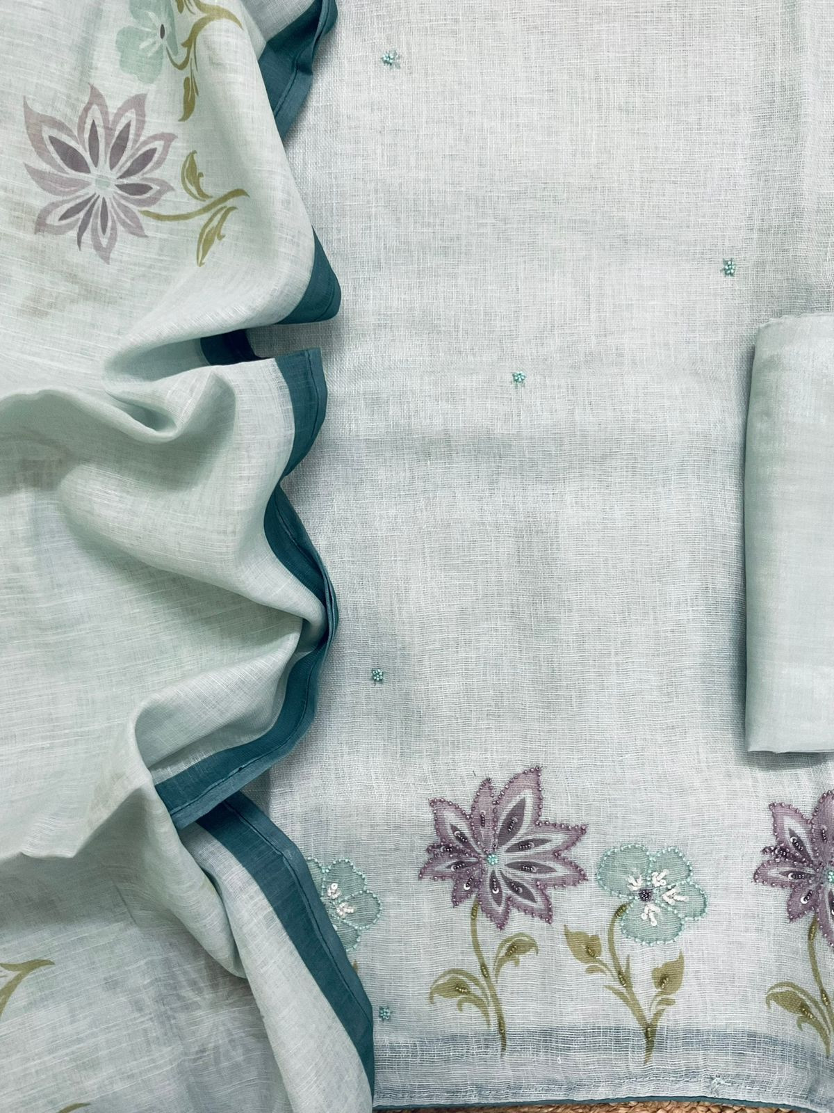 Pure Linen Jute Cotton Printed Embroidered Suit - Blue