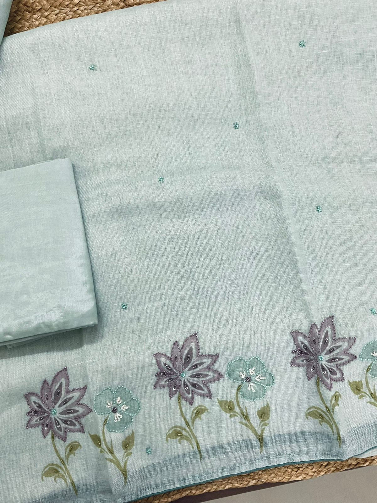 Pure Linen Jute Cotton Printed Embroidered Suit - Blue