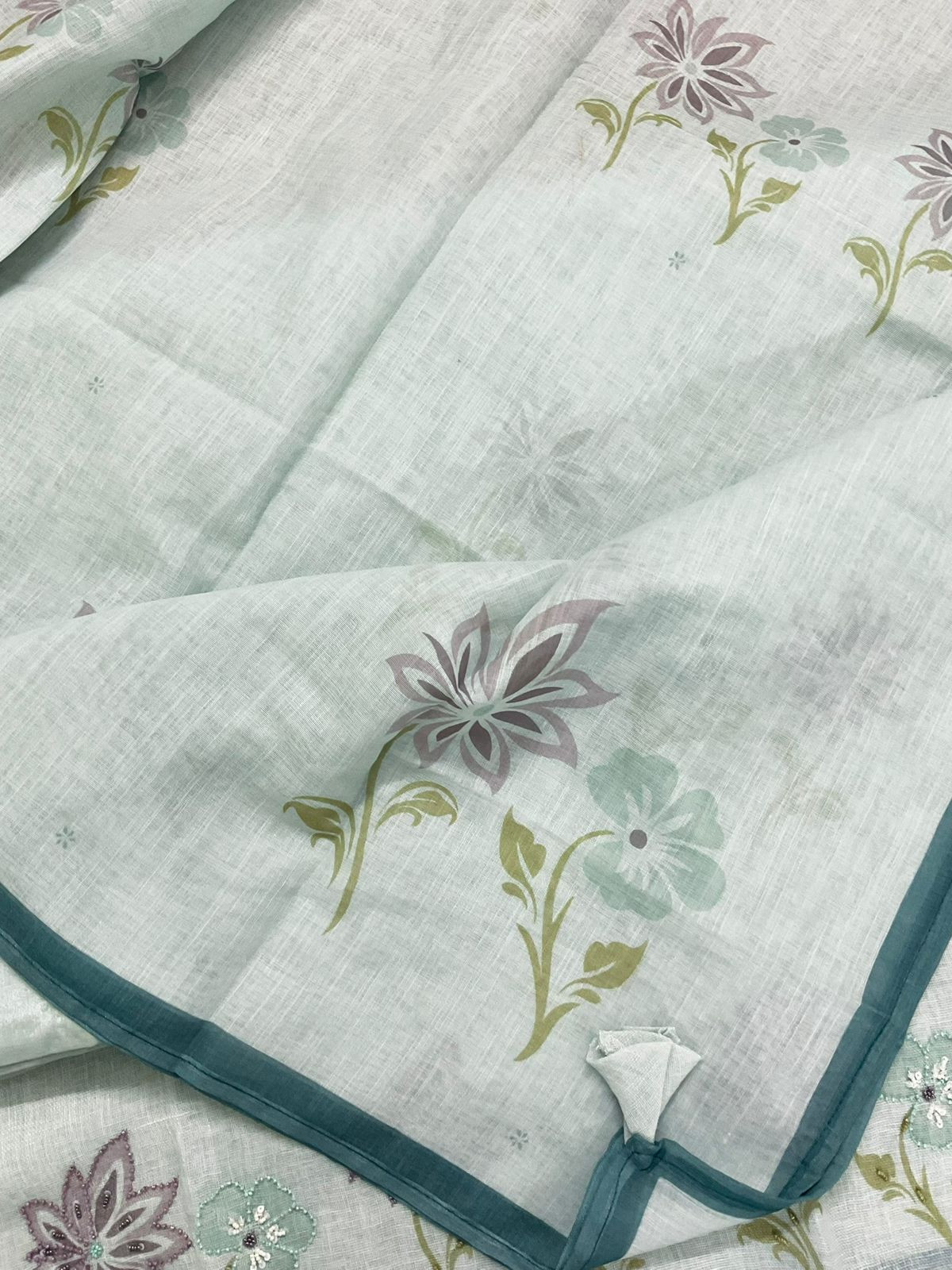 Pure Linen Jute Cotton Printed Embroidered Suit - Blue