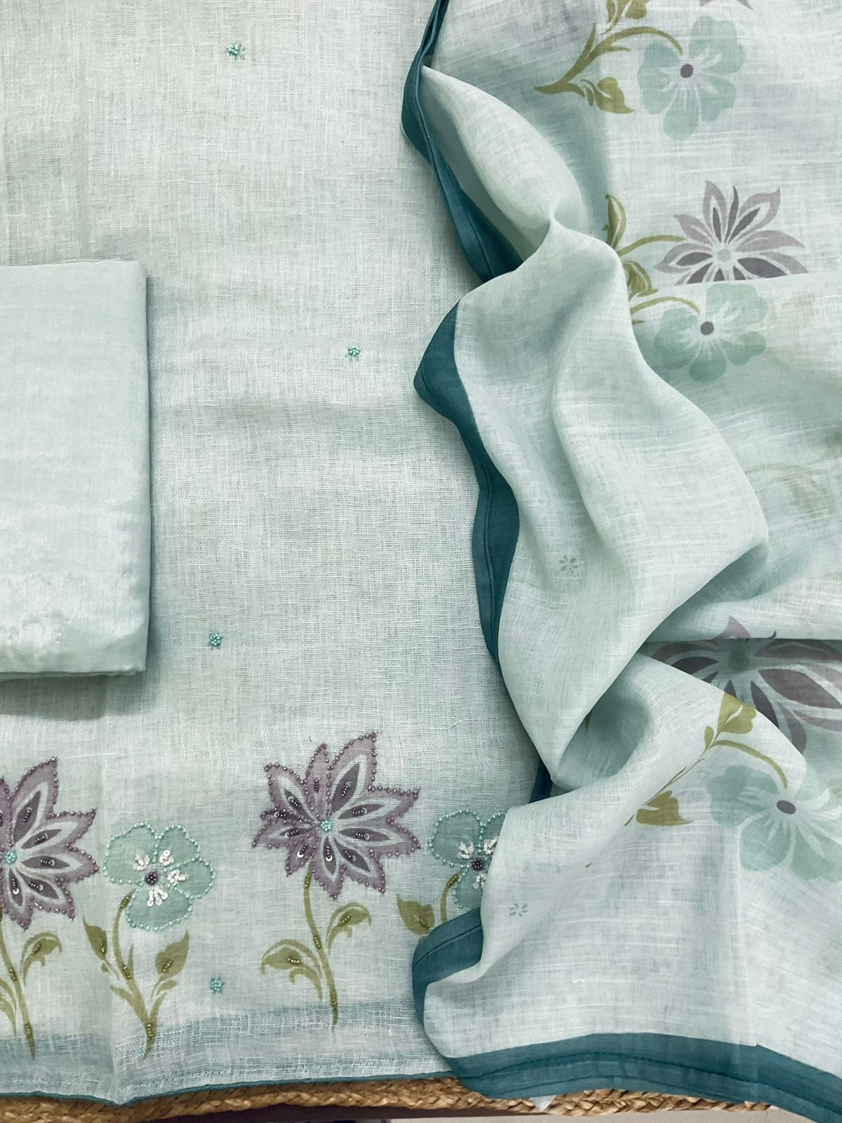 Pure Linen Jute Cotton Printed Embroidered Suit - Blue