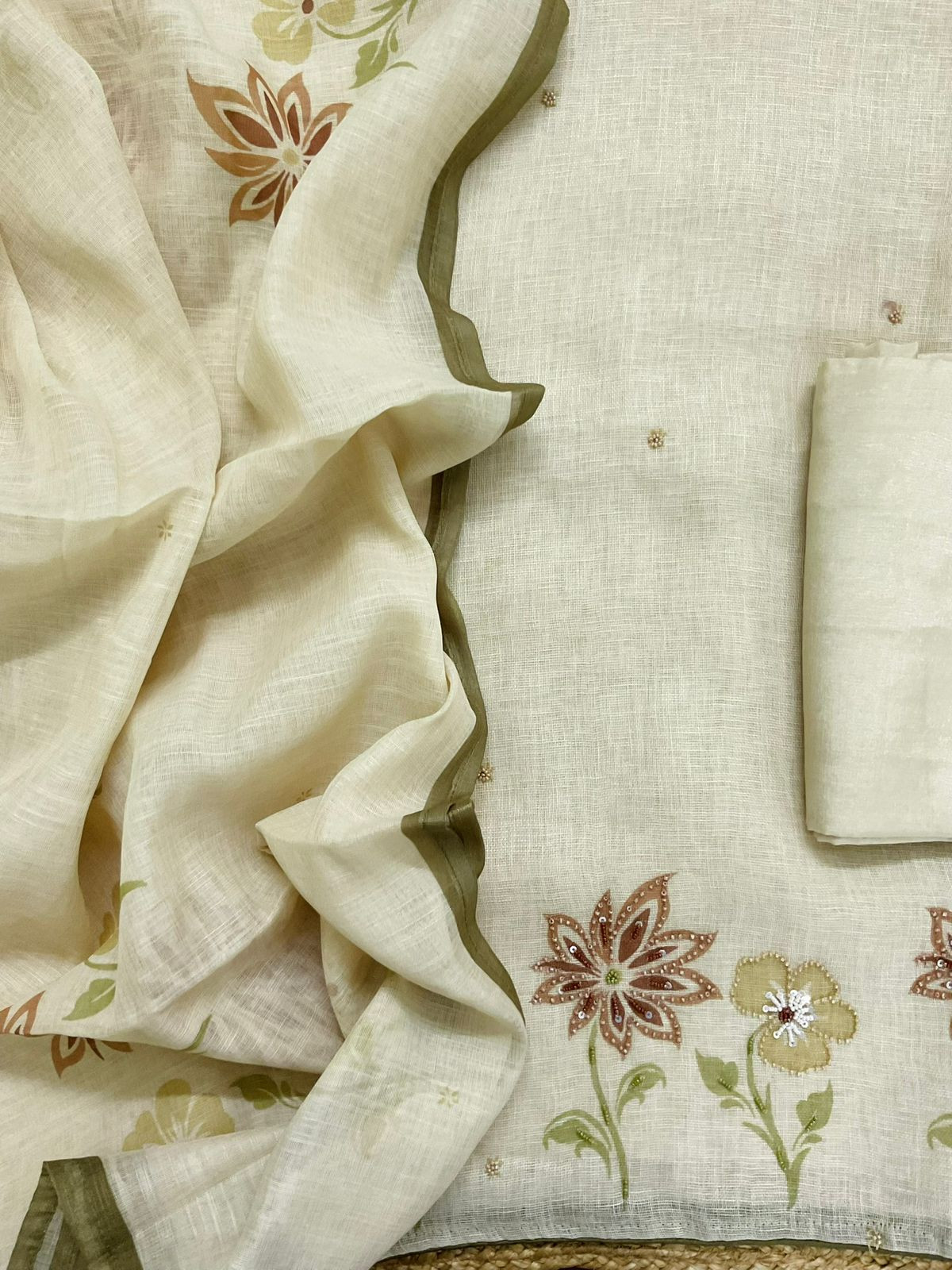 Pure Linen Jute Cotton Printed Embroidered Suit - Greenish Yellow