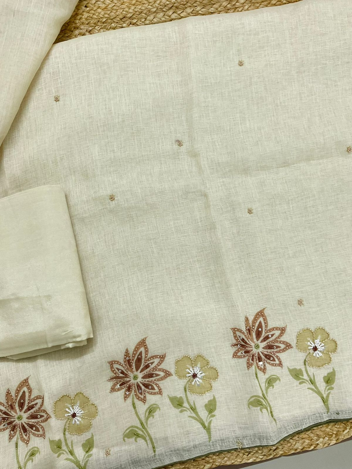 Pure Linen Jute Cotton Printed Embroidered Suit - Greenish Yellow