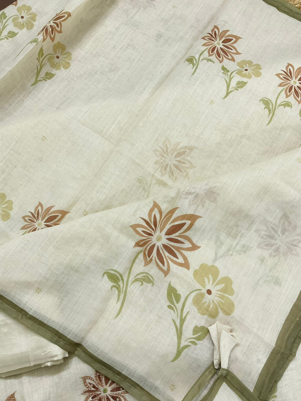 Pure Linen Jute Cotton Printed Embroidered Suit - Greenish Yellow