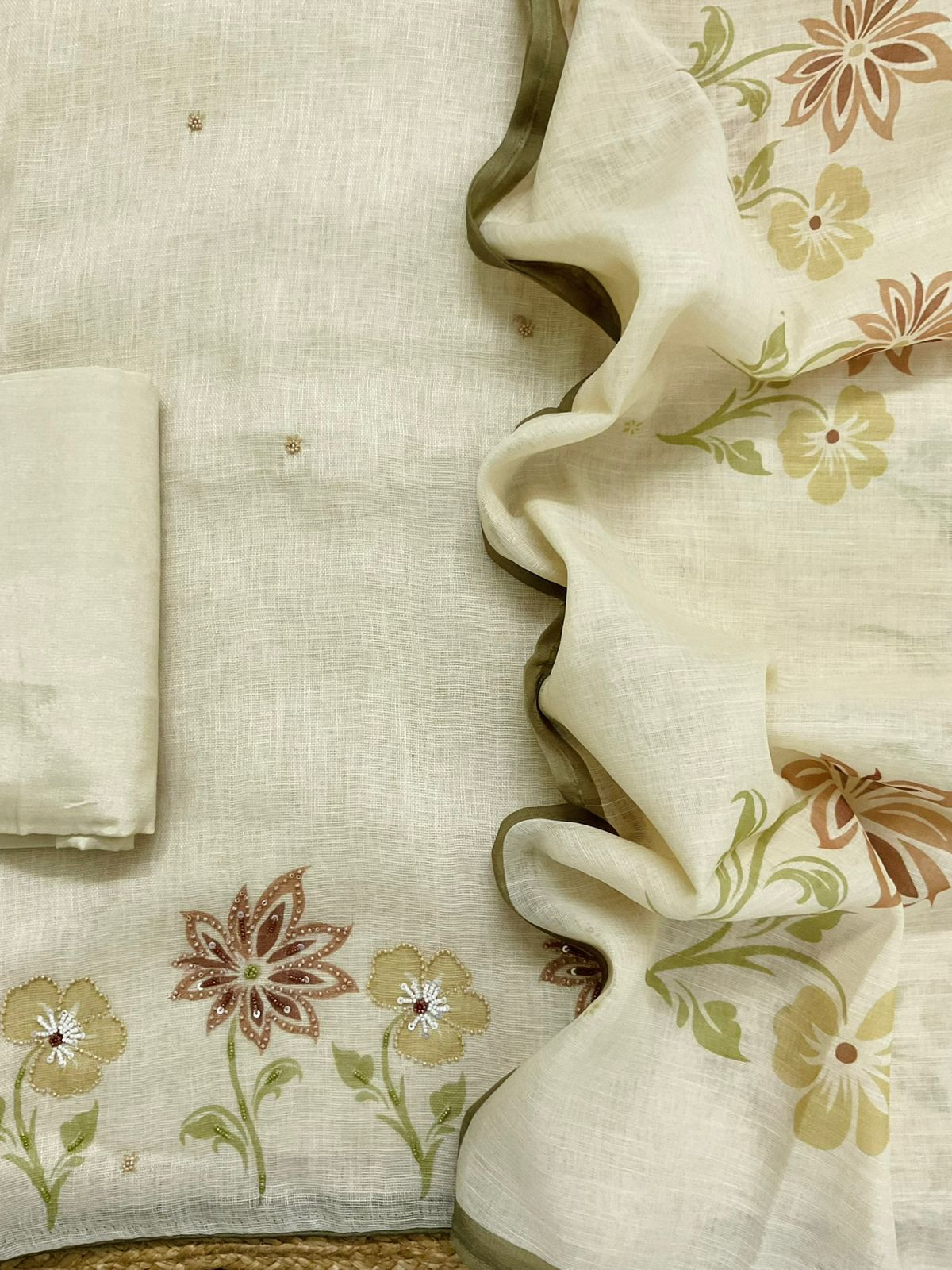 Pure Linen Jute Cotton Printed Embroidered Suit - Greenish Yellow