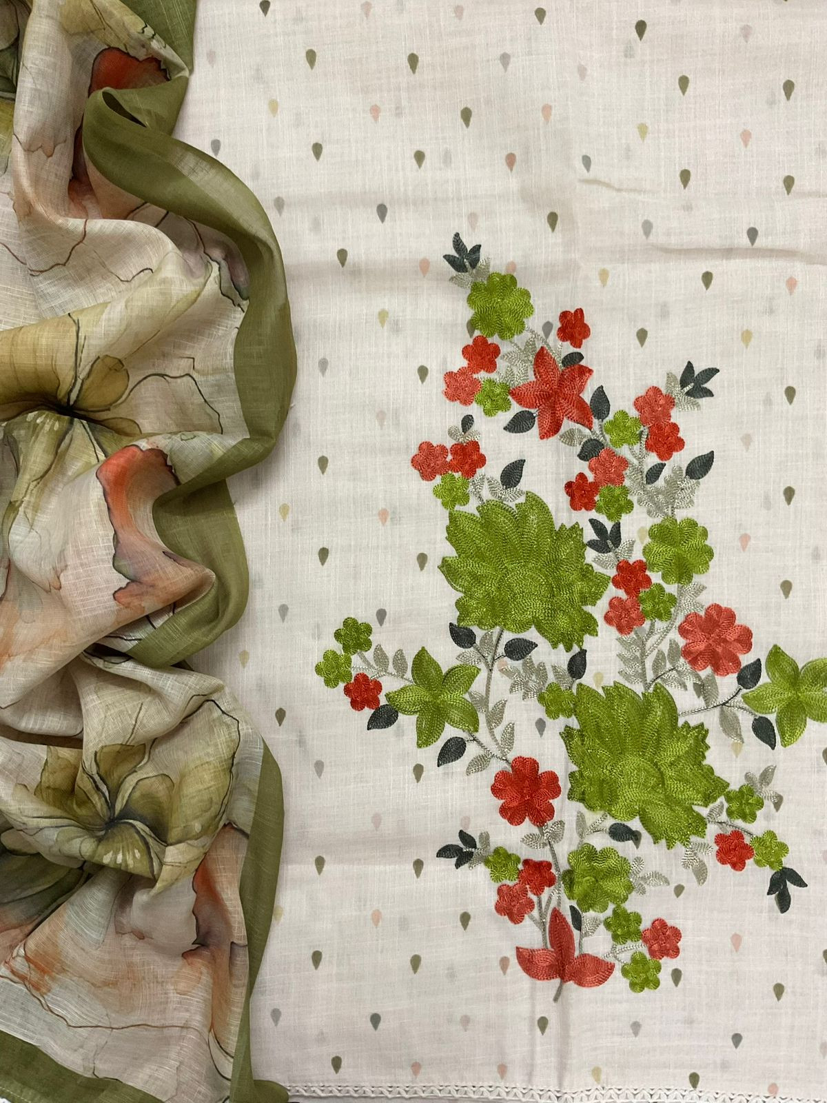 Soft Linen Jute Cotton Printed Embroidered Suit - Beige