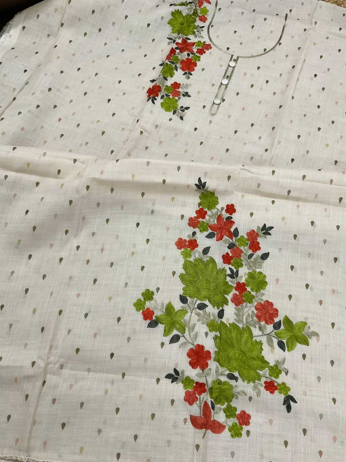 Soft Linen Jute Cotton Printed Embroidered Suit - Beige