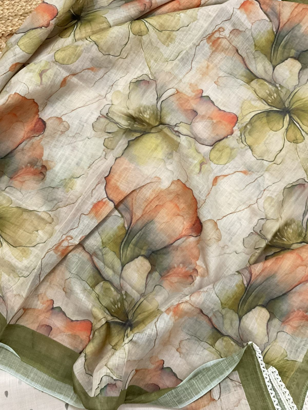 Soft Linen Jute Cotton Printed Embroidered Suit - Beige