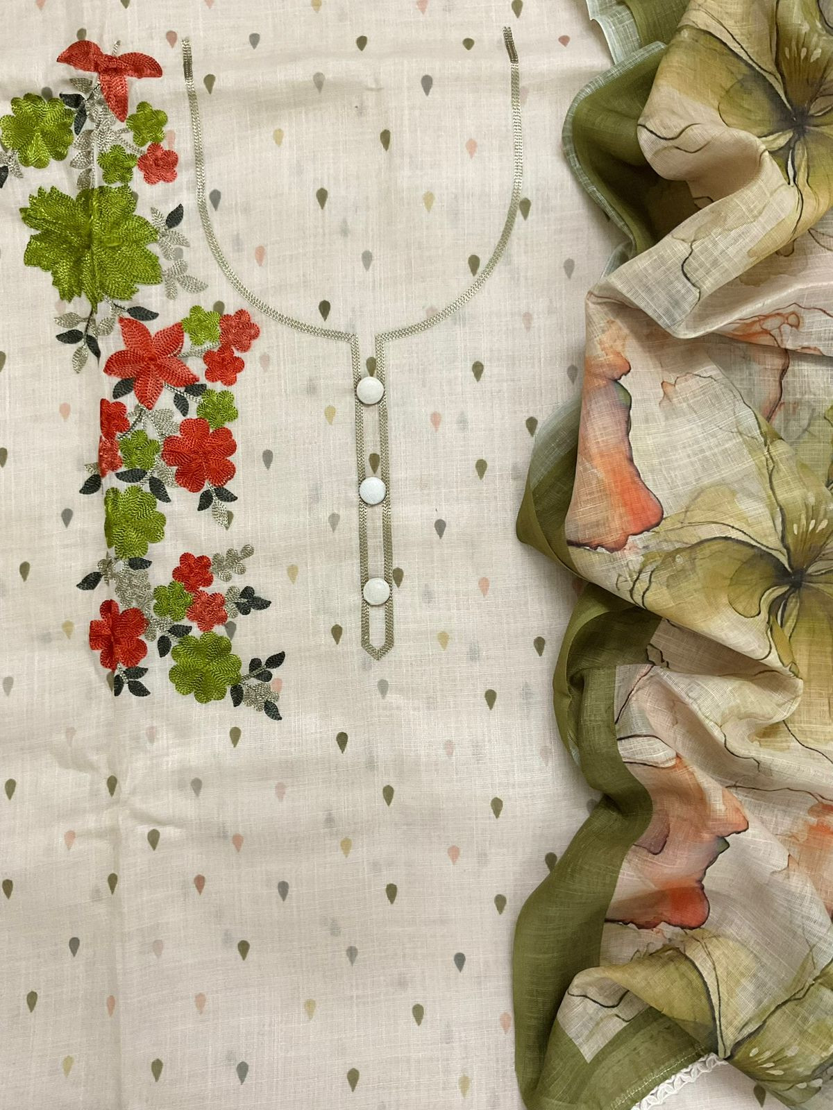 Soft Linen Jute Cotton Printed Embroidered Suit - Beige