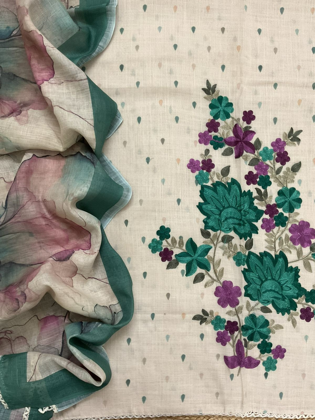 Soft Linen Jute Cotton Printed Embroidered Suit - Beige