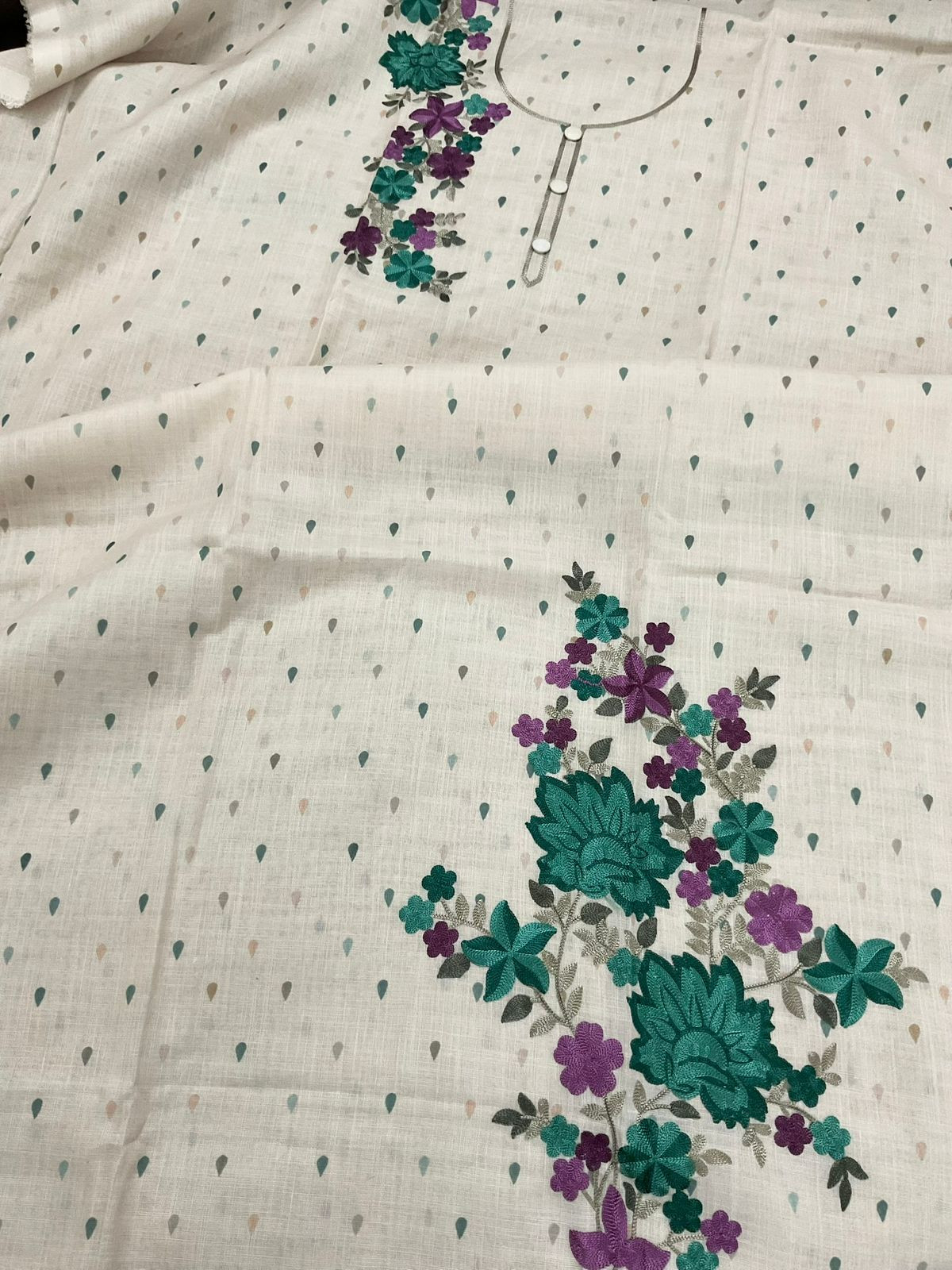 Soft Linen Jute Cotton Printed Embroidered Suit - Beige