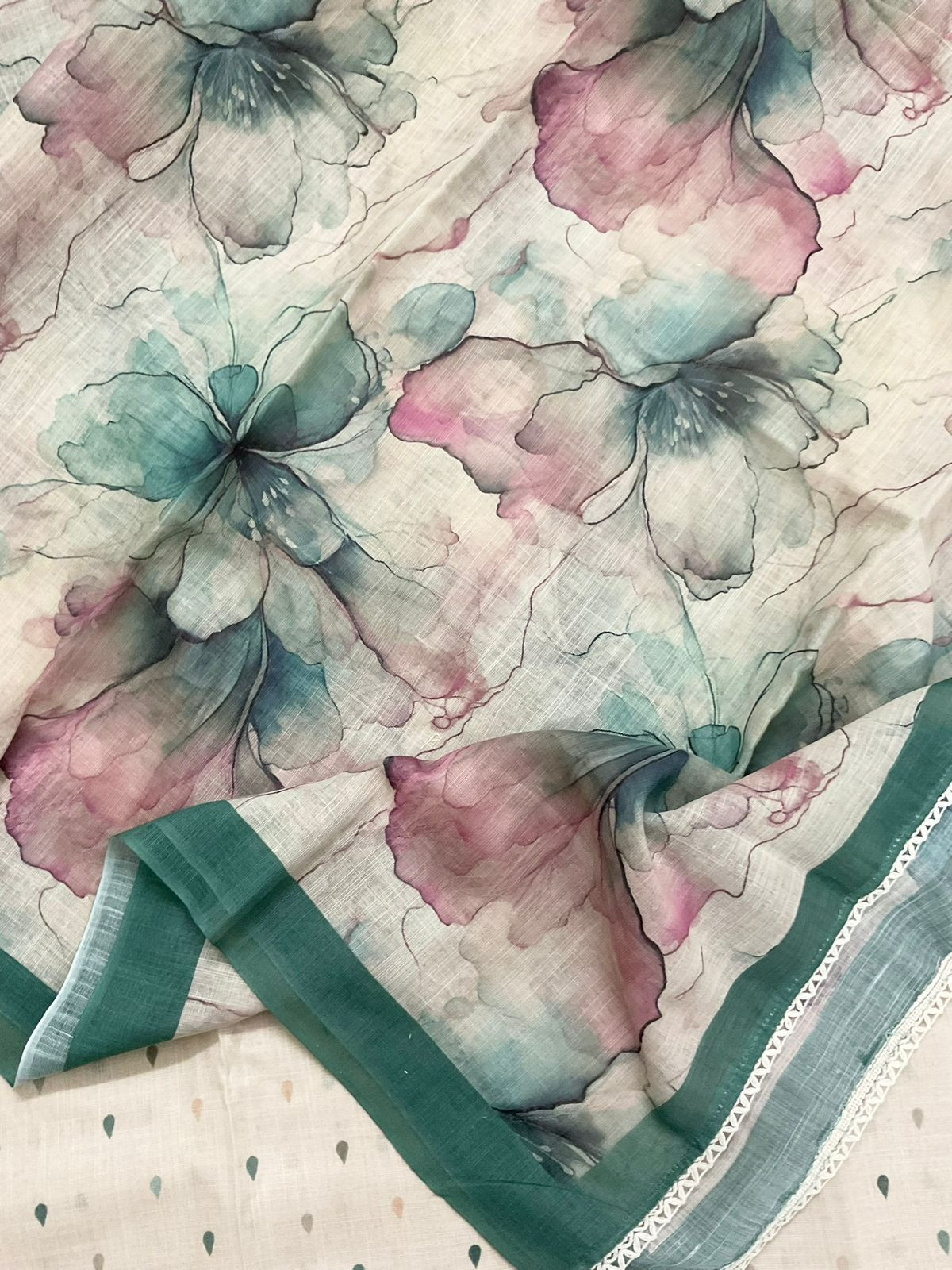 Soft Linen Jute Cotton Printed Embroidered Suit - Beige