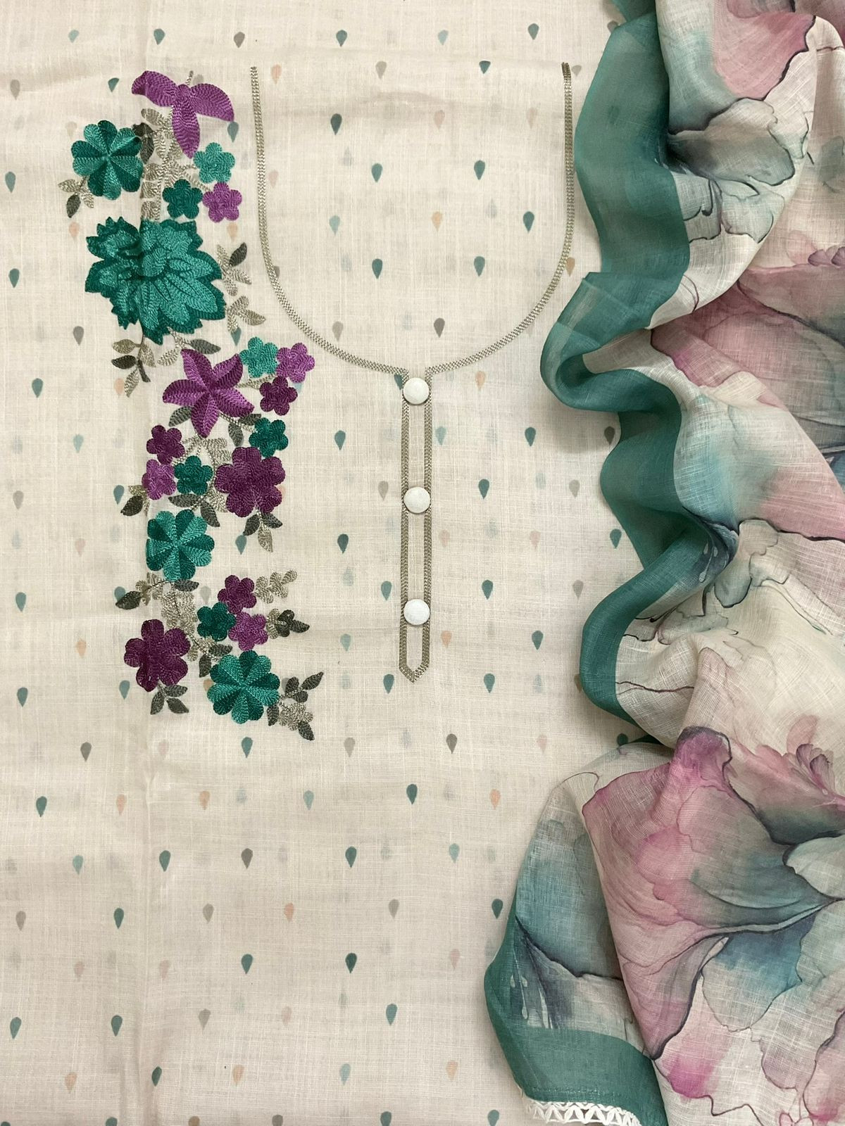 Soft Linen Jute Cotton Printed Embroidered Suit - Beige