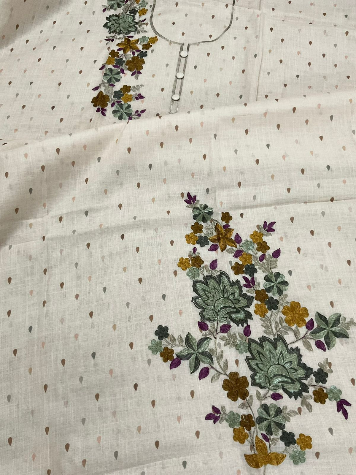 Soft Linen Jute Cotton Printed Embroidered Suit - Beige