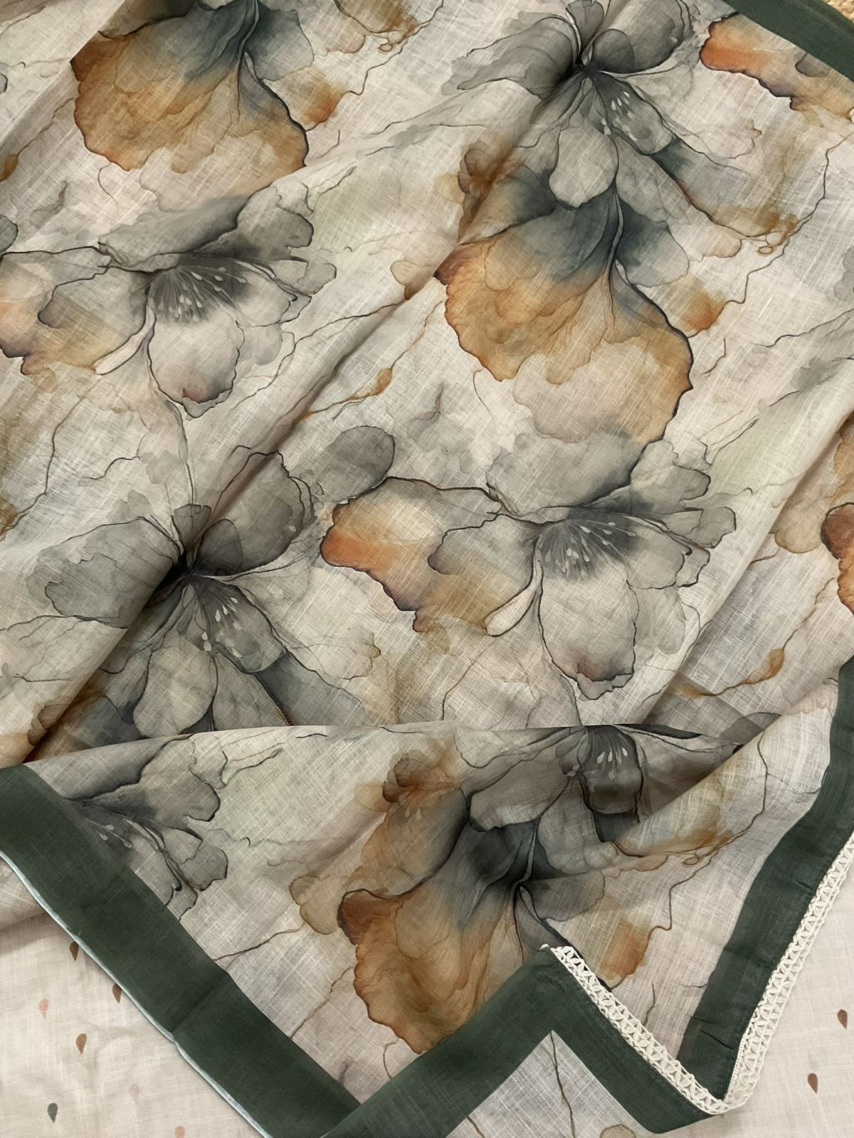 Soft Linen Jute Cotton Printed Embroidered Suit - Beige