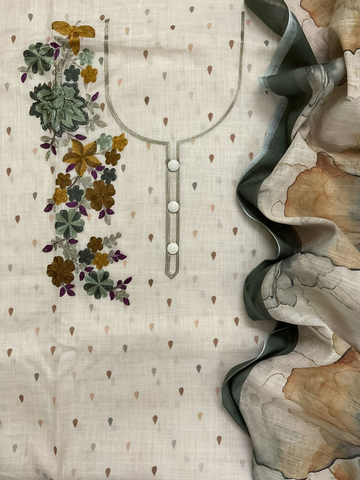 Soft Linen Jute Cotton Printed Embroidered Suit - Beige