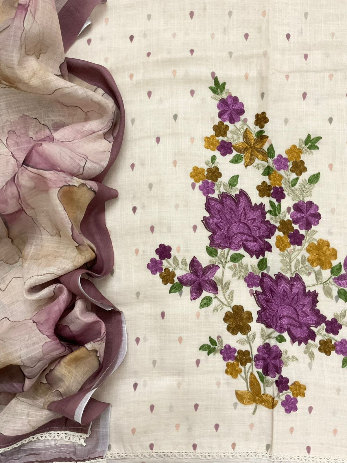 Soft Linen Jute Cotton Printed Embroidered Suit - Beige