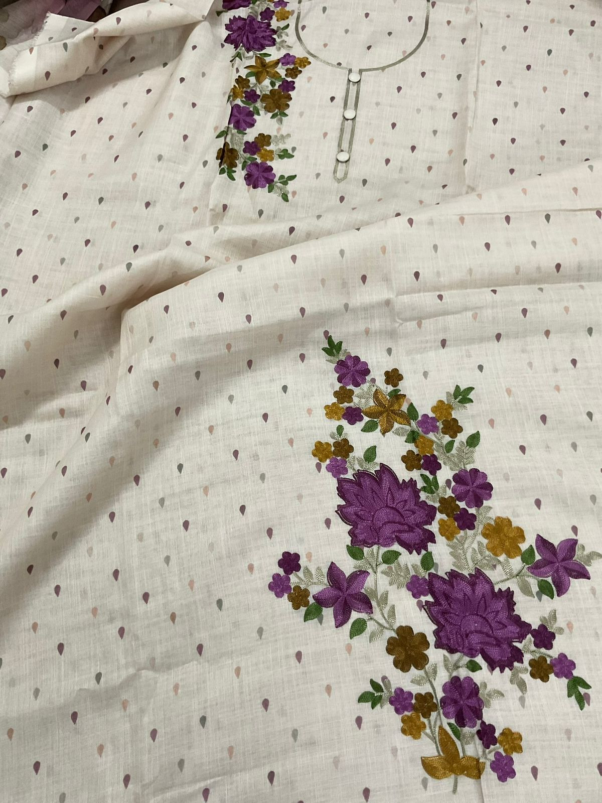 Soft Linen Jute Cotton Printed Embroidered Suit - Beige