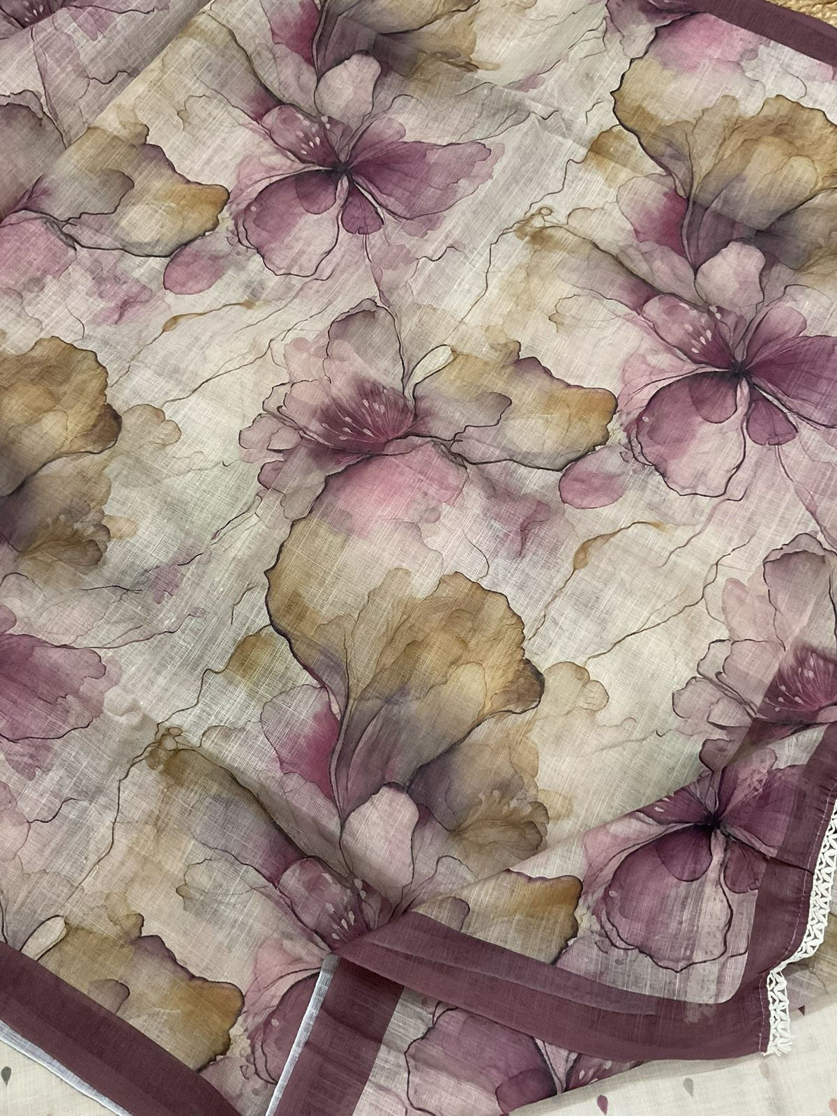 Soft Linen Jute Cotton Printed Embroidered Suit - Beige