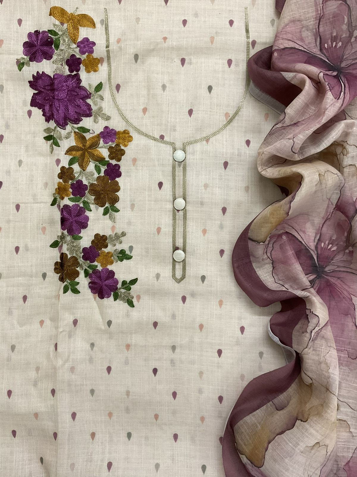 Soft Linen Jute Cotton Printed Embroidered Suit - Beige