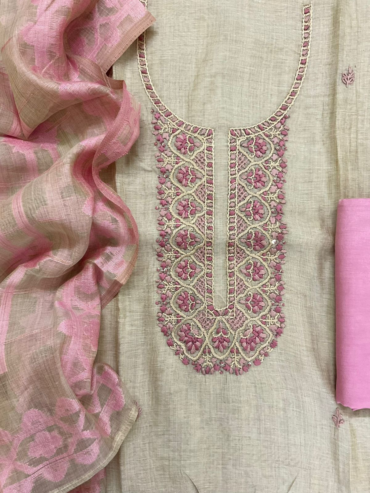 Soft Slub Chanderi Jamdani Weaved Embroidered Suit - Beige